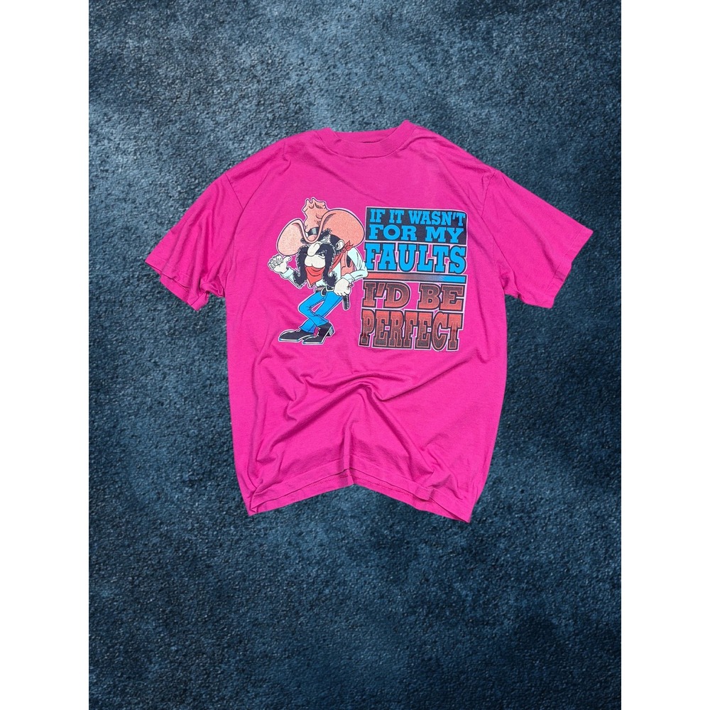 Vintage Cowboy Graphic T-Shirt Hot Pink If It Wasnt For My Faults Large Humor